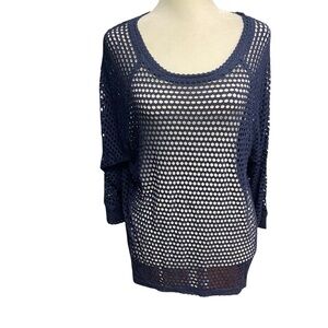 Bobeau Open Mesh Swim Cover Up Size M Navy Stretch Mesh 3/4 Raglan Sleeves Top